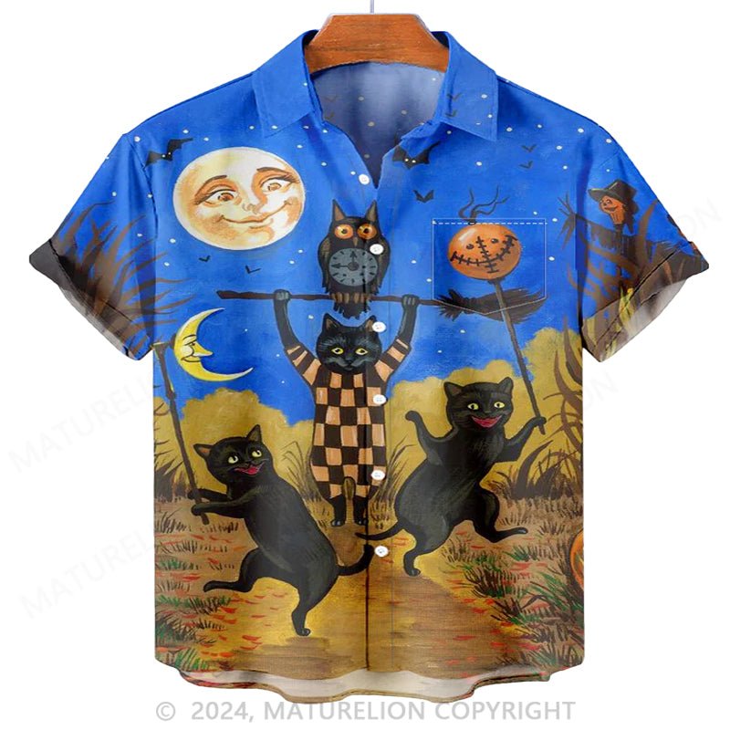 Maturelion Men'S Halloween Black Cat Printed Shirt