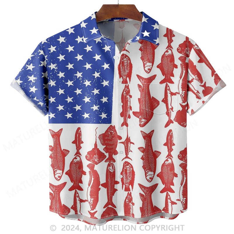 Maturelion Moisture-wicking American Flag Chest Pocket Hawaiian Shirt