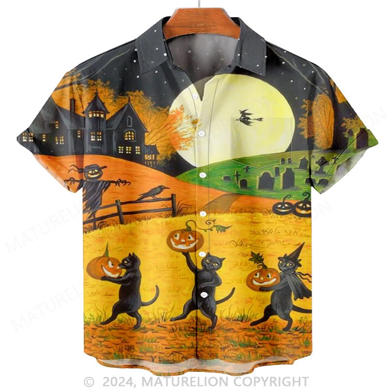 Maturelion Men'S Halloween Black Cat Printed Shirt