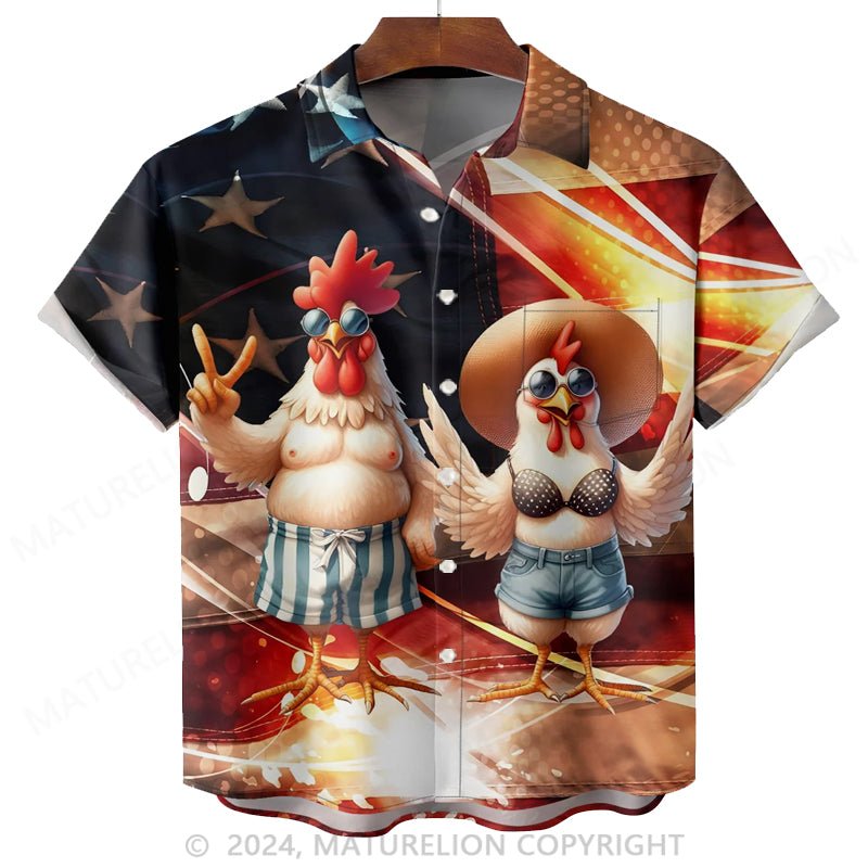 Maturelion Moisture-wicking American Flag Fun Chicken Chest Pocket Hawaiian Shirt