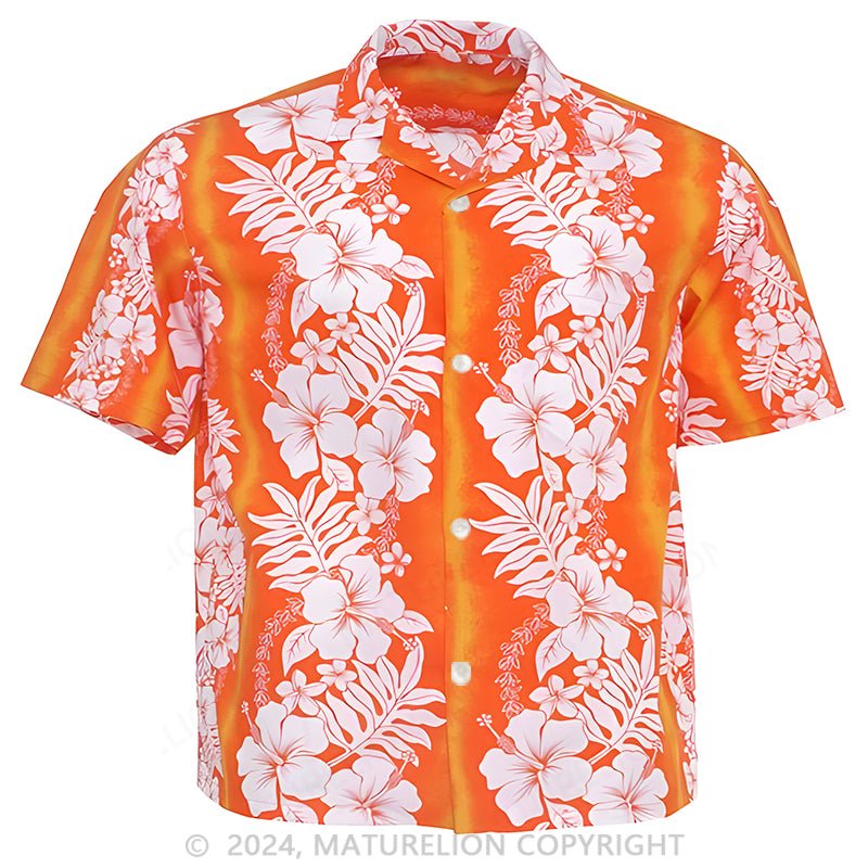 Maturelion New Hibiscus Fern Panel Orange Poly Cotton Men's Hawaiian Shirt