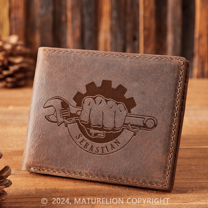 Maturelion Custom Mechanic Monogram Leather Wallet Christmas Gift for Men