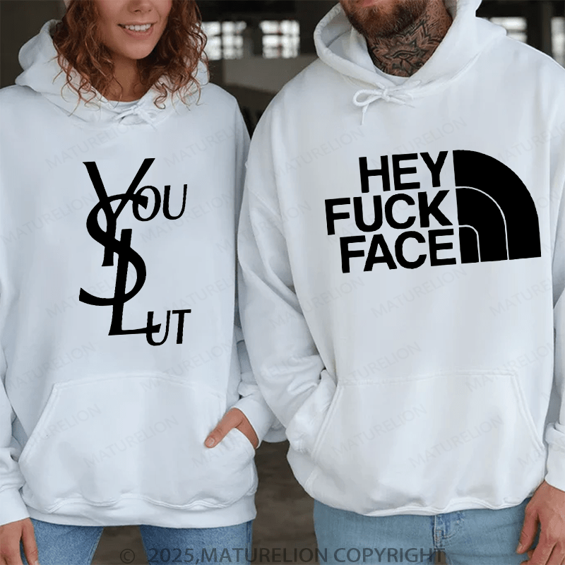 Maturelion hey fuck face &  you slut Couple Hoodie