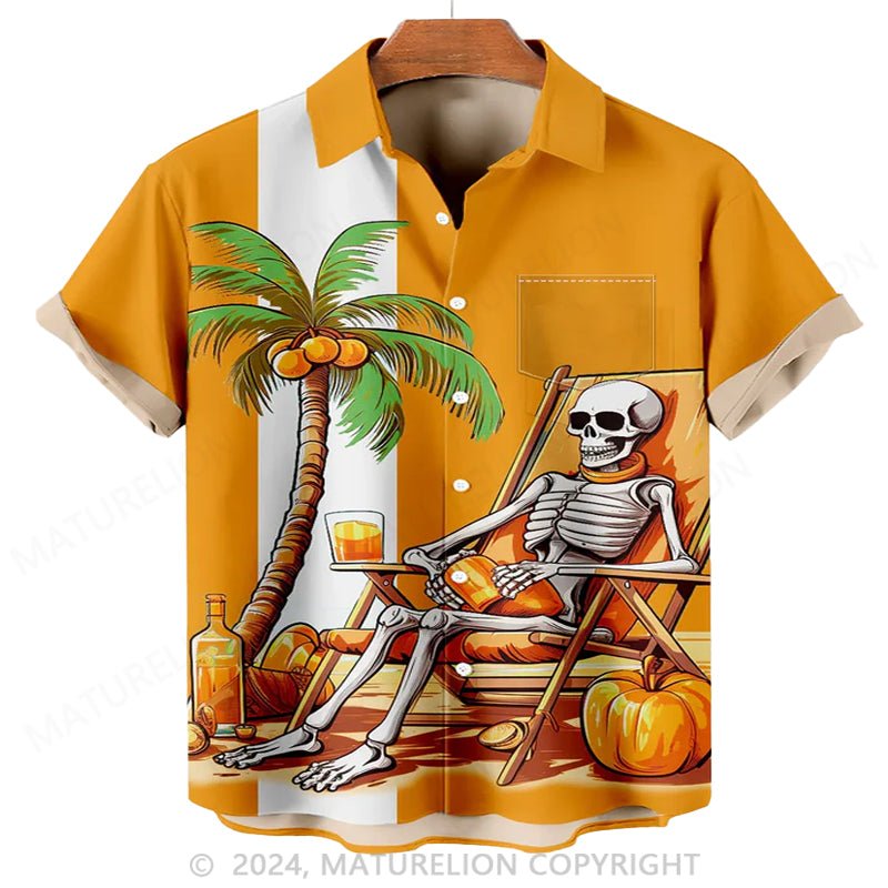 Maturelion Men'S Halloween Skeleton On A Beach Chair Printed Shirt