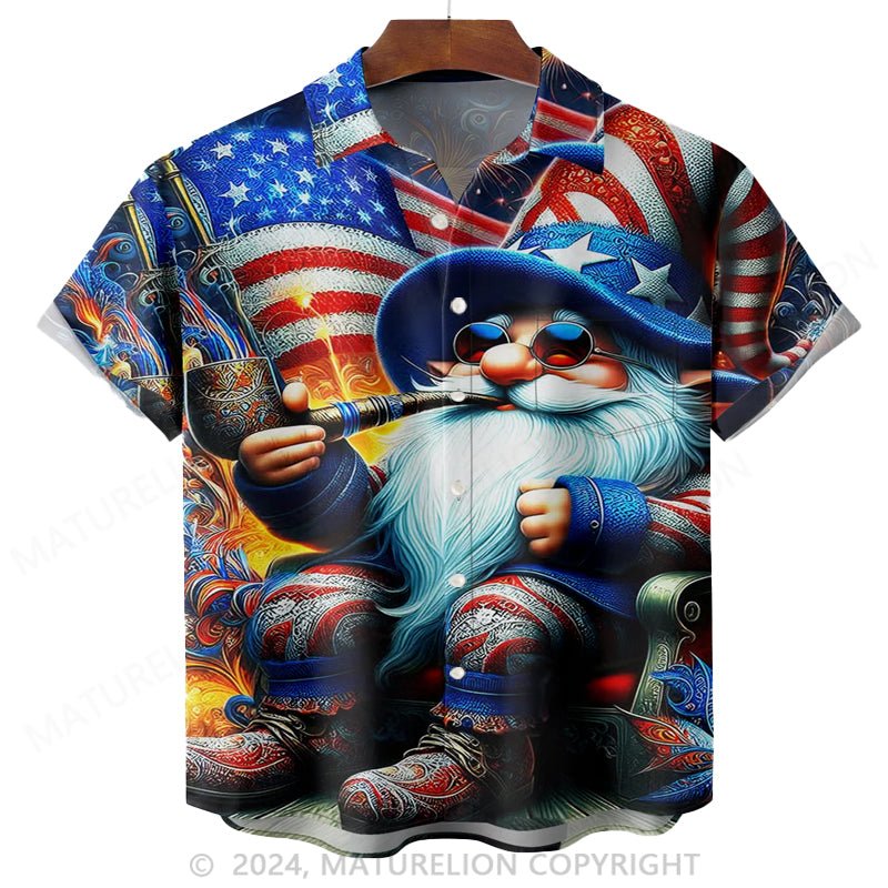 Maturelion Moisture-wicking American Flag Gnome Chest Pocket Hawaiian Shirt