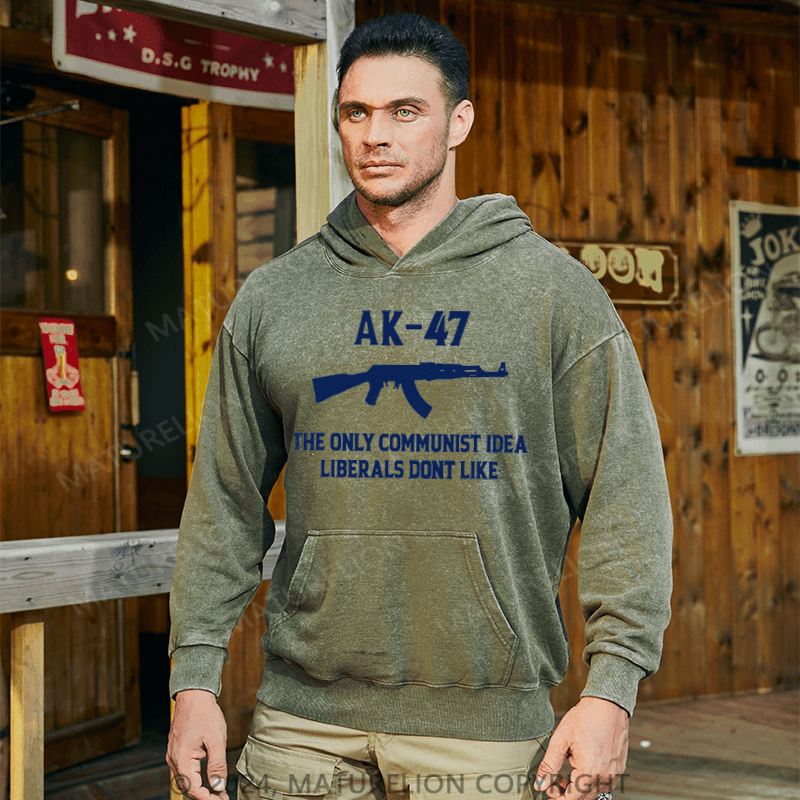 Matuerlion Men's Hoodie AK-47 The Only Communist Idea Liberals Don't Like Washed Hoodie