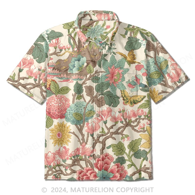 Maturelion Retro Floral Art Print Casual Cotton Shirt