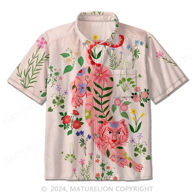 Maturelion Men's Tiger Vacation Floral Art Print Shirt