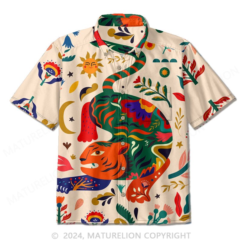 Maturelion Men's Boho Tiger Vacation Floral Art Print Casual Shirt