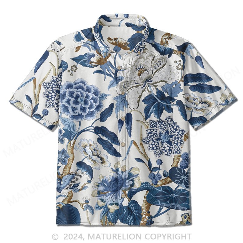 Maturelion Men's Button Down Shirts Flowers And Plants Print Short Sleeve Casual Blouse