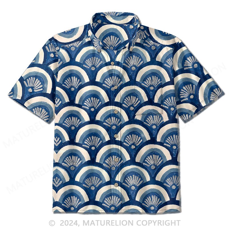 Maturelion Men's Casual Shirts Blue Seigaiha Print Casual Shirts Japanese Waves Beach Shirt Hawaiian Street Style Blouse