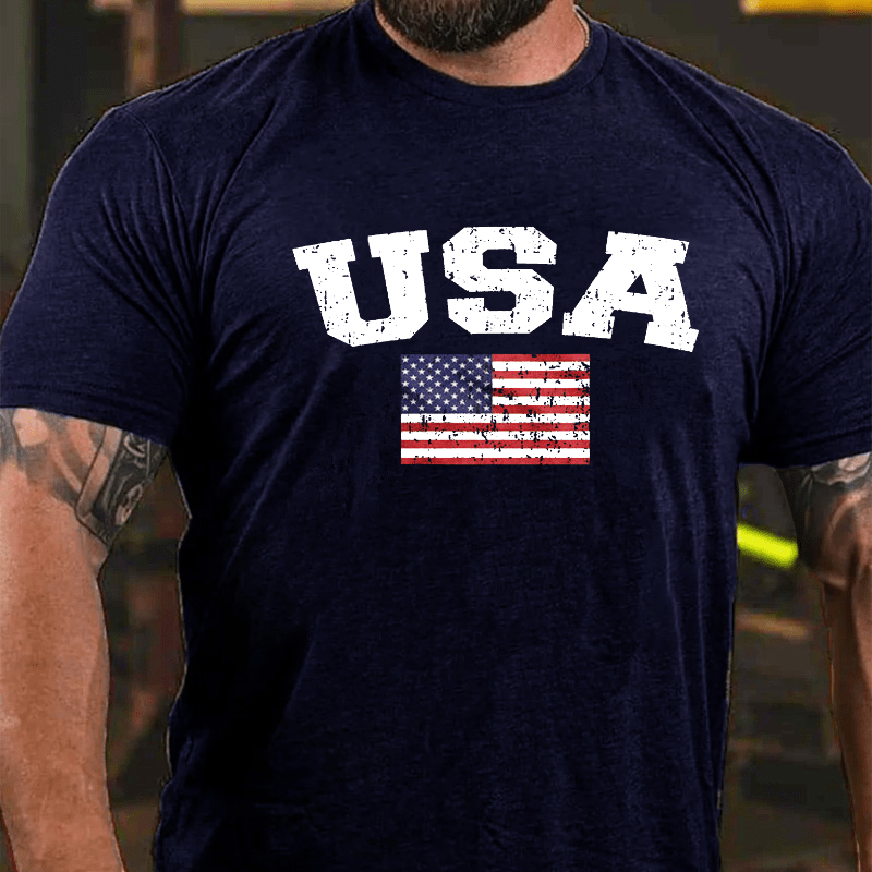 USA Distressed Flag American Pride Red White and Blue Cotton T-shirt