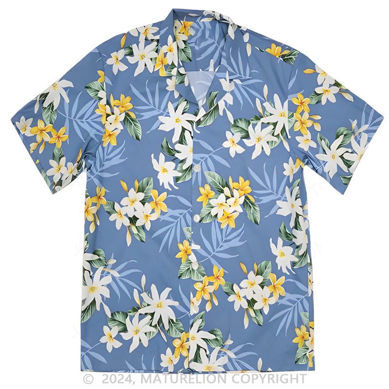 Maturelion Blue Cotton Men's Open Collar Hawaiian Shirt