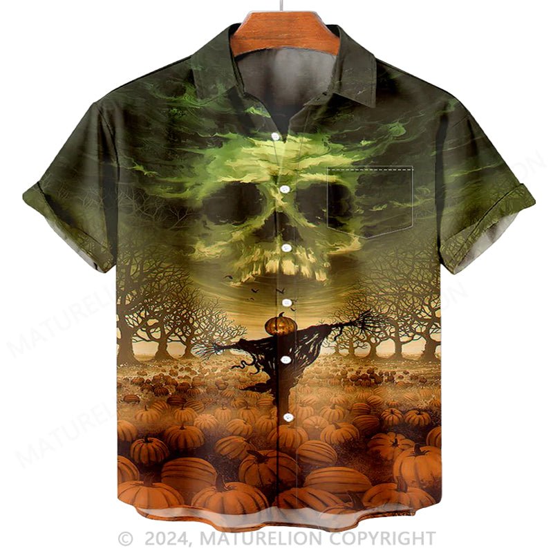 Maturelion Men'S Halloween Skull Pumpkin Scarecrow Printed Shirt