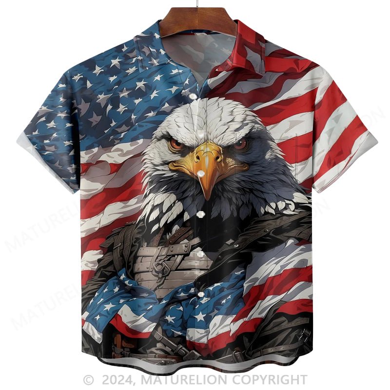 Maturelion Moisture-wicking American Flag Eagle Chest Pocket Hawaiian Shirt