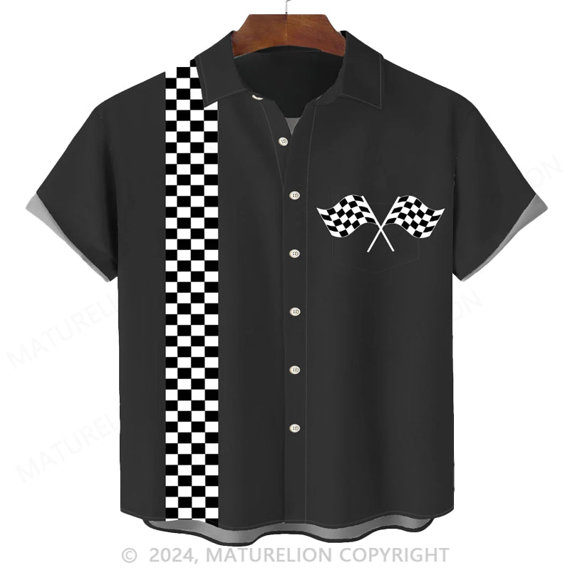 Maturelion Racing Checkerboard Print Men's Button Pocket Short Sleeve Shirt