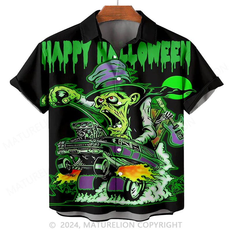 Maturelion Men'S Happy Halloween Monster Car Printed Shirt