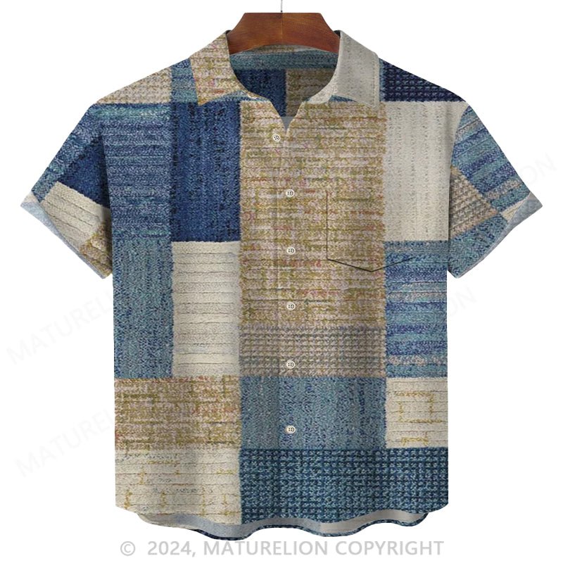 Maturelion Vintage Medieval Geometric Men's Short Sleeve Shirts Art Wrinkle Free Seersucker Camp Pocket Shirt