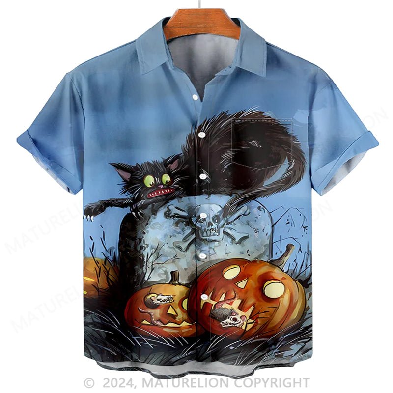 Maturelion Men'S Halloween Black Cat Printed Shirt