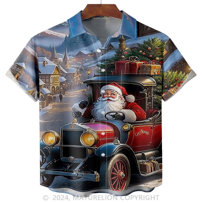 Maturelion Christmas Santa Claus And Car Chest Pocket Casual Shirt Hawaiian Shirt