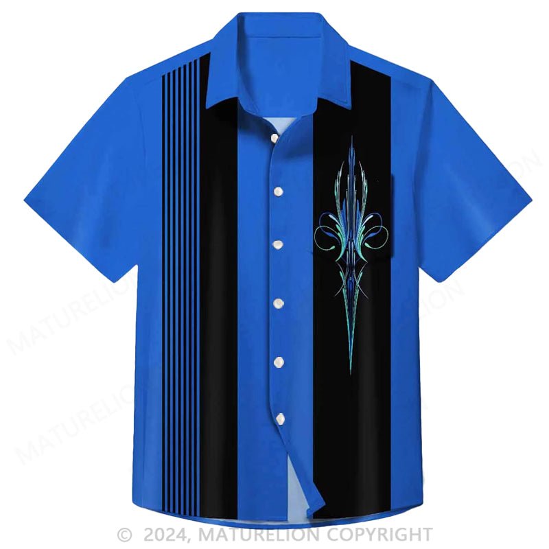 Maturelion 50's Retro Pinstripe Car Men's Bowling Shirt Cartoon Art Stretch Pocket Camp Shirt Big Tall