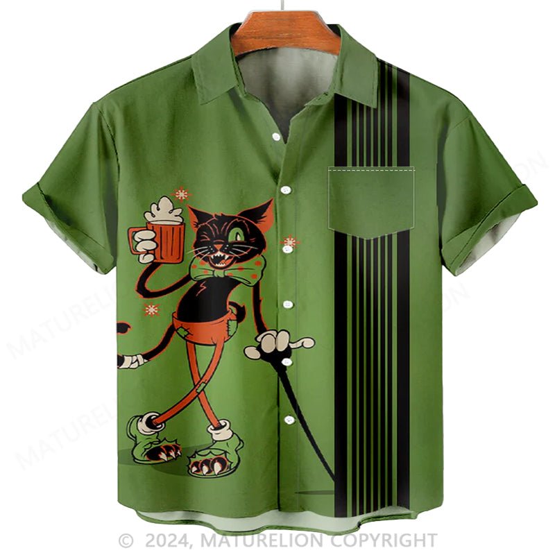 Maturelion Men'S Halloween Black Cat And Beer Printed Shirt