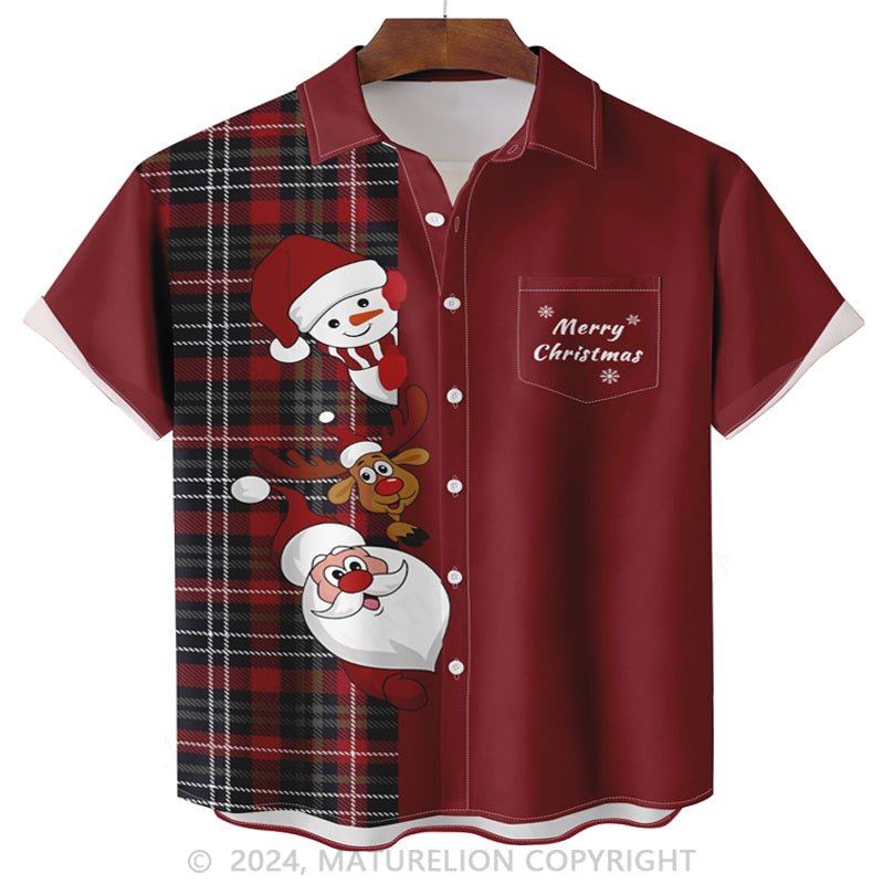 Christmas Santa Chest Pocket Reindeer And Snowman Casual Shirt Hawaiian Shirt