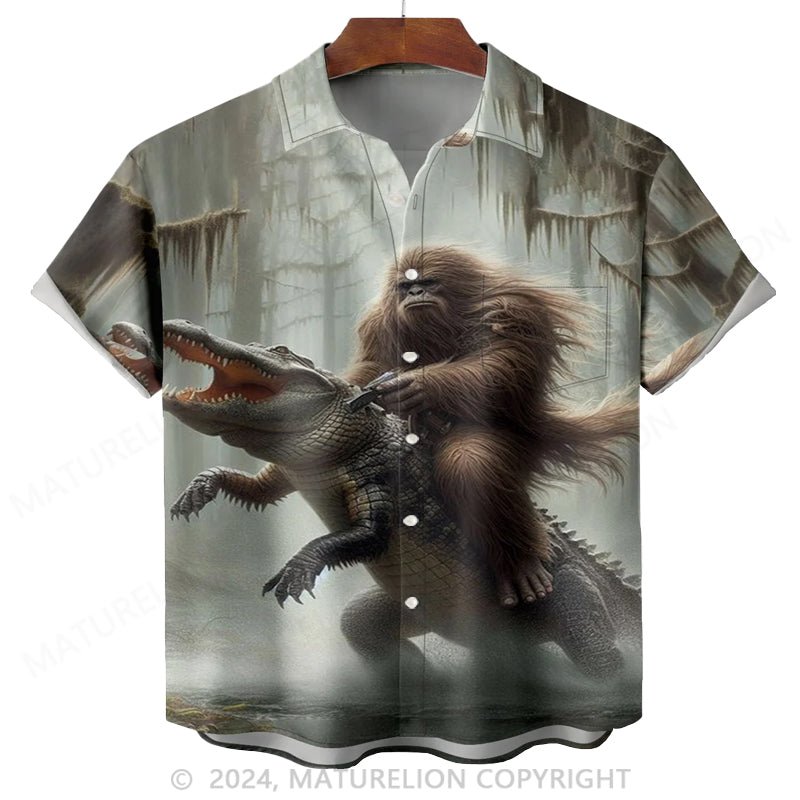 Maturelion Moisture-wicking Bigfoot vs Alligator Chest Pocket Hawaiian Shirt