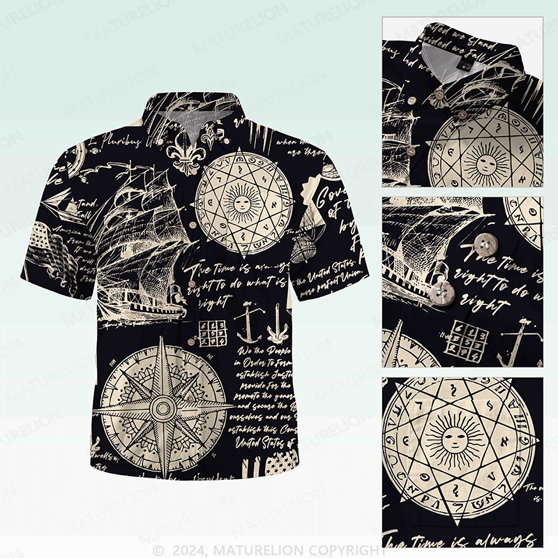 Maturelion Men's Hawaiian Shirt Helloice Steampunk Gold Compass Print Short Sleeve Hawaiian Shirt