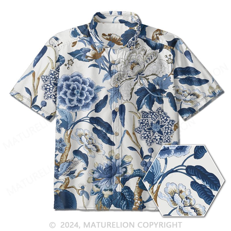 Maturelion Men's Button Down Shirts Flowers And Plants Print Short Sleeve Casual Blouse