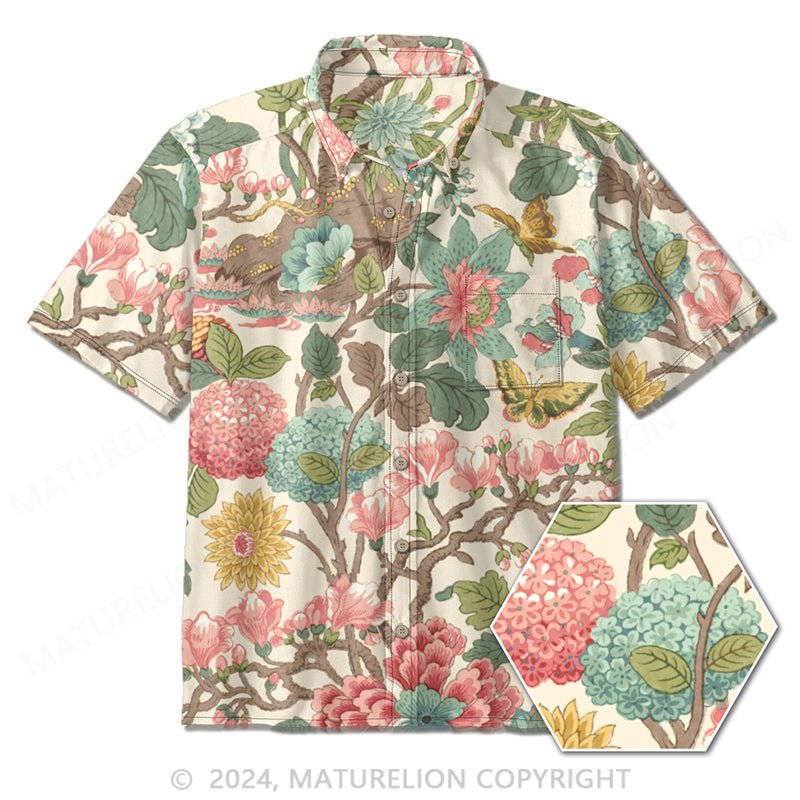 Maturelion Retro Floral Art Print Casual Cotton Shirt