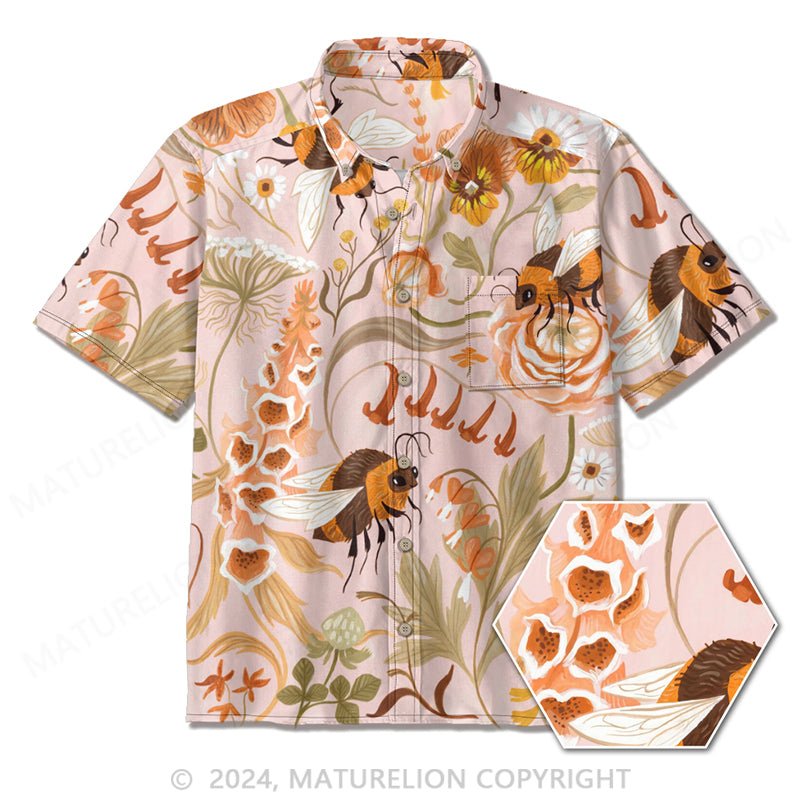 Maturelion Bees and flowers Mens Casual Shirts, Casual Mens Summer Shirts, Mens Button Up Shirts Short Sleeve Stylish