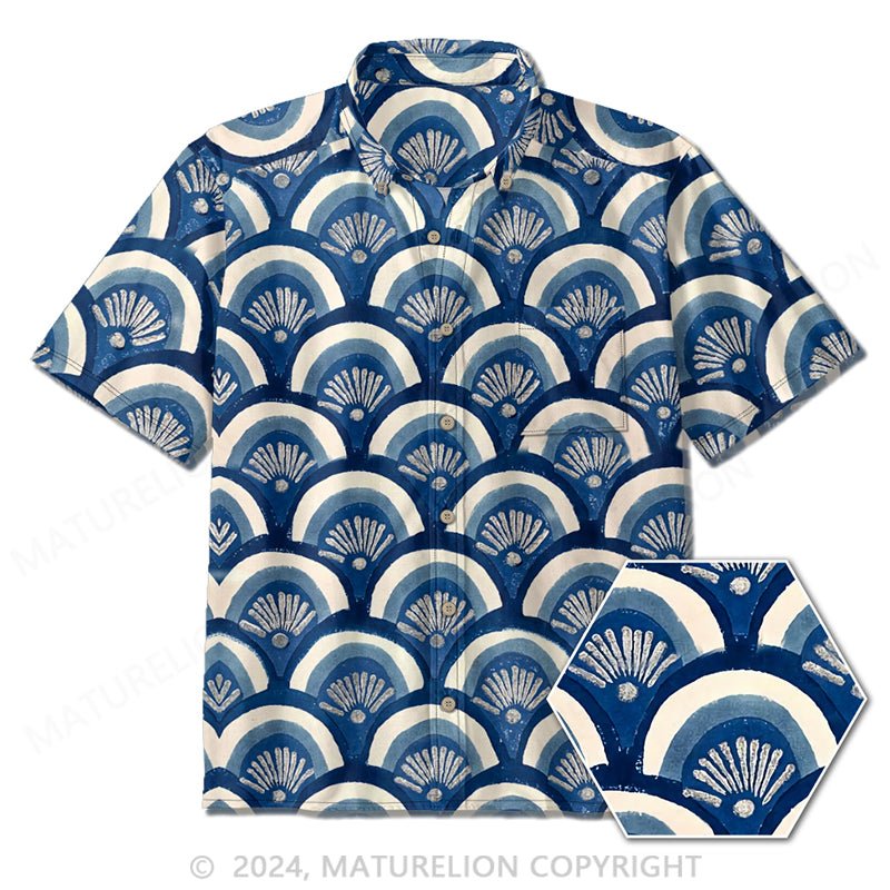 Maturelion Men's Casual Shirts Blue Seigaiha Print Casual Shirts Japanese Waves Beach Shirt Hawaiian Street Style Blouse