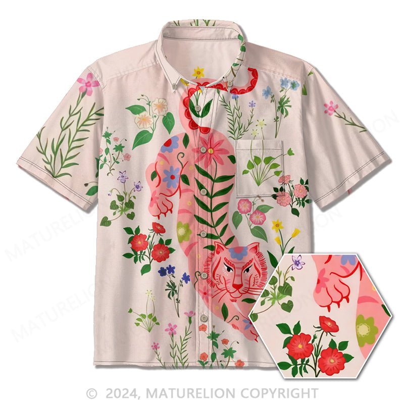 Maturelion Men's Tiger Vacation Floral Art Print Shirt