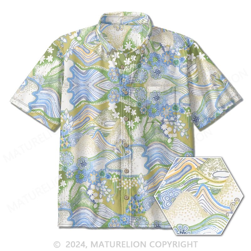 Maturelion Blue and Green Button Down Retro Print Ladies Shirt