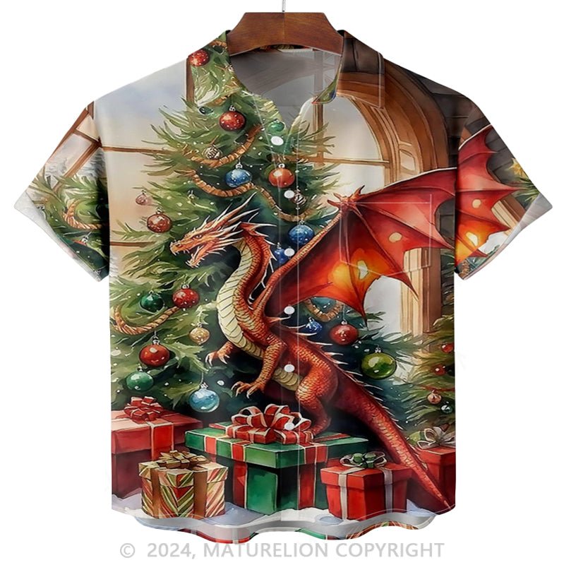 Maturelion Christmas Dragon Chest Pocket Casual Shirt Hawaiian Shirt