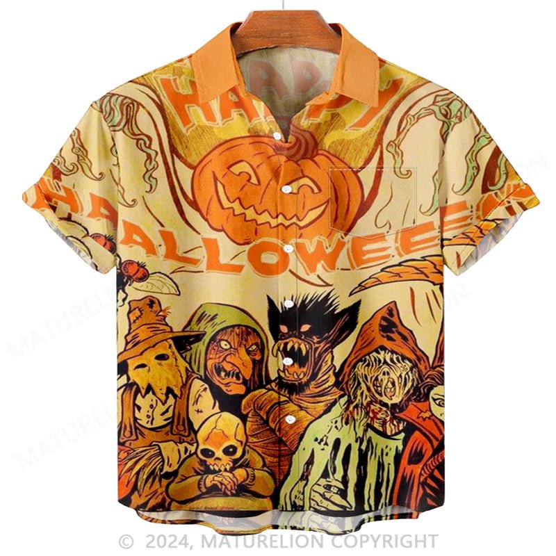 Maturelion Men'S HAPPY Halloween Pumpkins And Monsters Printed Shirt