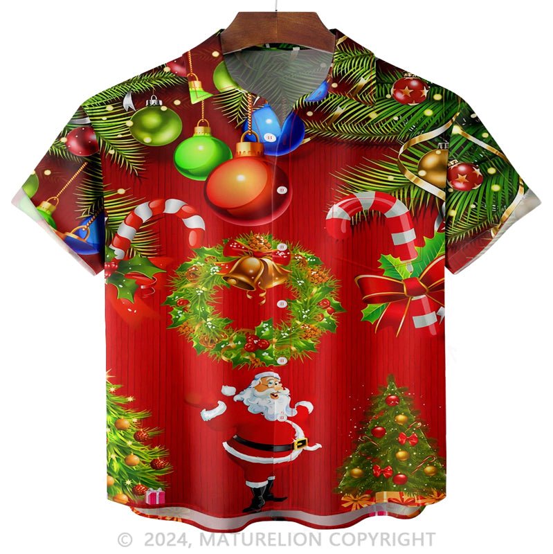 Maturelion Christmas Candy Cane Chest Pocket Short Sleeve Hawaiian Shirt