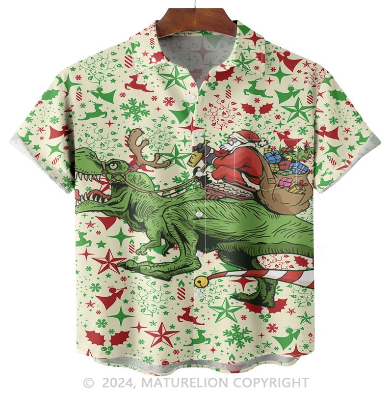 Maturelion Christmas Dinosaur Chest Pocket Short Sleeve Hawaiian Shirt