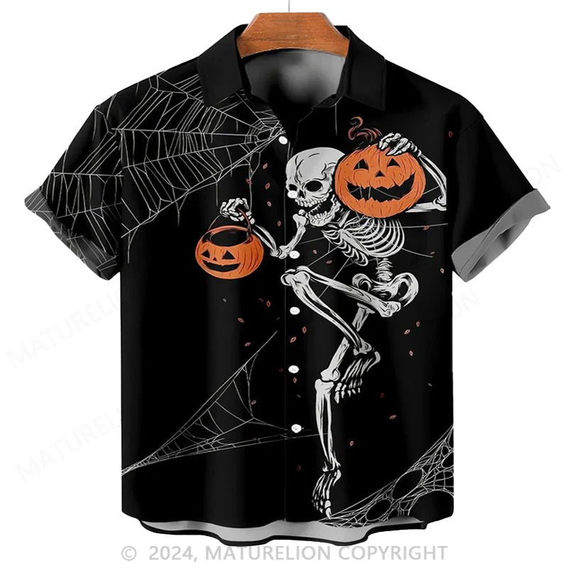 Maturelion Men'S Halloween Skeleton Carrying Pumpkin In Spider'S Web Printed Shirt