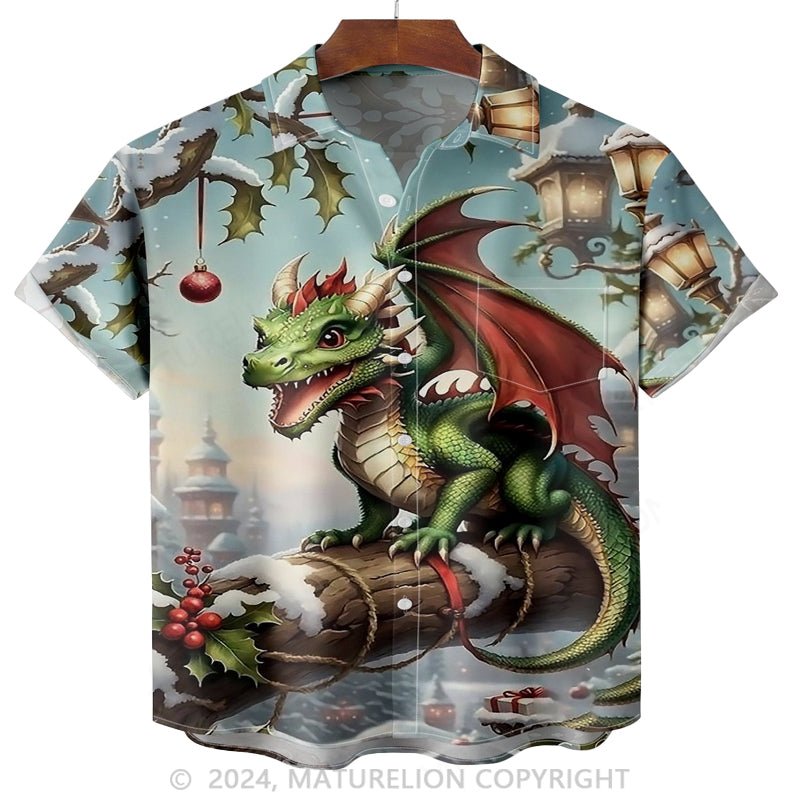 Maturelion Christmas Dragon Chest Pocket Hawaiian Shirt