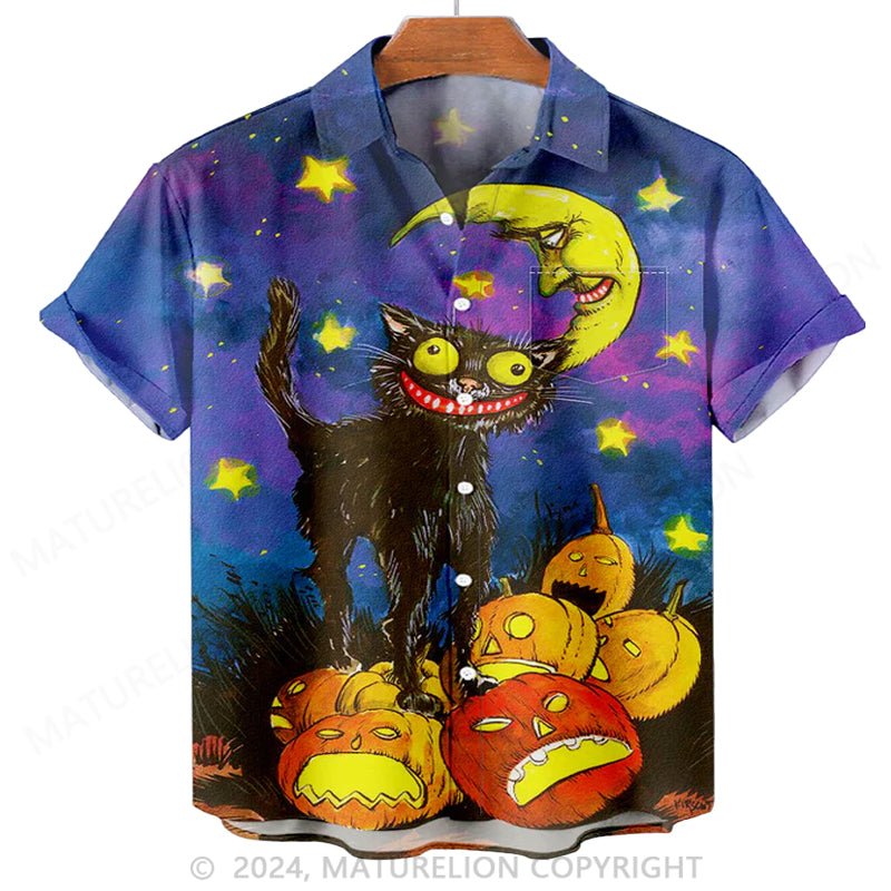 Maturelion Men'S Halloween Cat And Pumpkin Printed Shirt