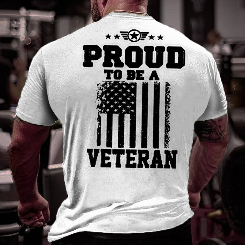 Proud To Be A Veteran USA Flag Print Cotton T-shirt