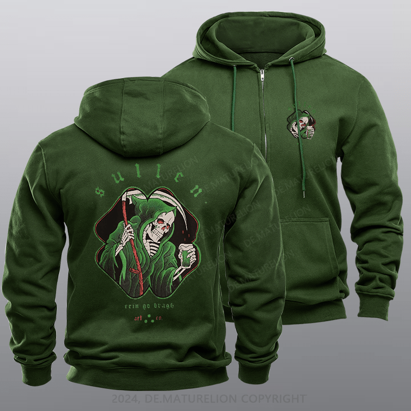 Maturelion Men's Hoodie Erin Go Bragh Green Reapers and Beer Black Zipper Hoodie