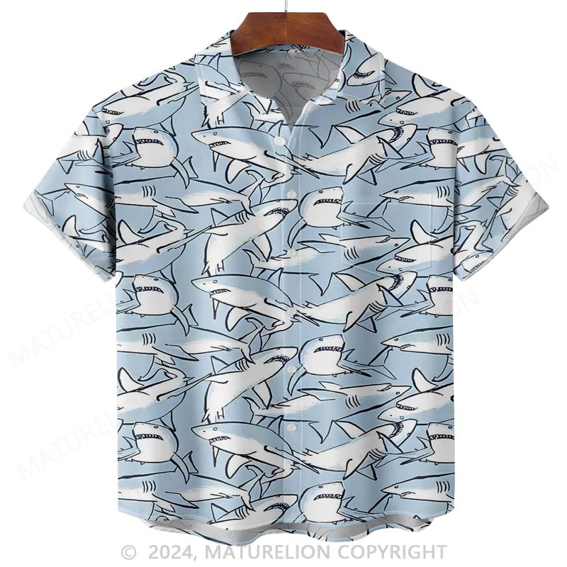 Maturelion Moisture-wicking Sea Life Shark Chest Pocket Hawaiian Shirt