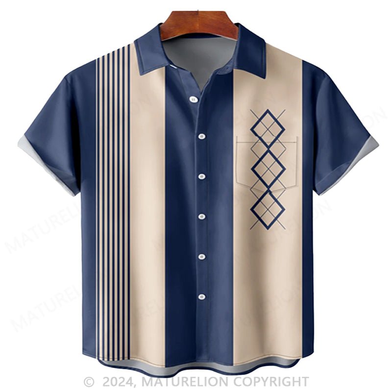 Maturelion 50's Vintage Men's Bowling Shirts Mid-Century Geometric Art Pocket Camp Shirt Big & Tall