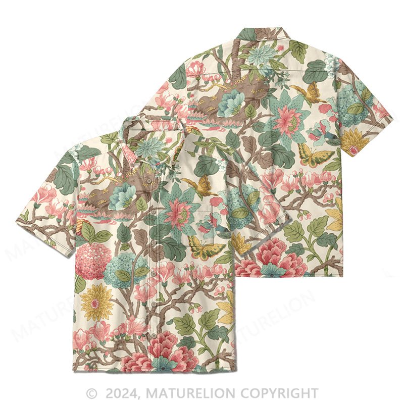 Maturelion Retro Floral Art Print Casual Cotton Shirt