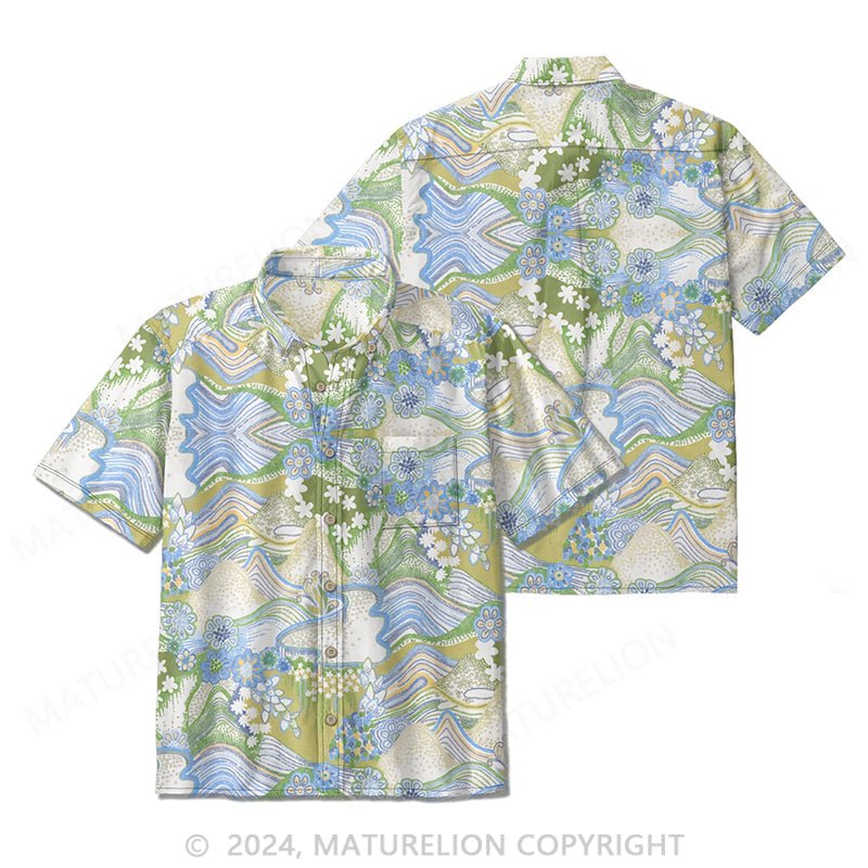 Maturelion Blue and Green Button Down Retro Print Ladies Shirt