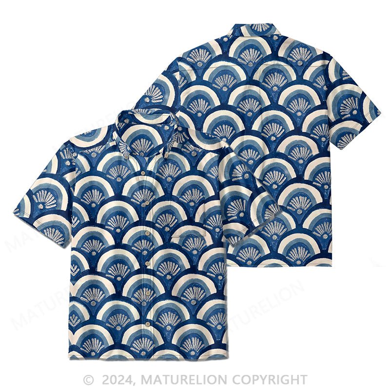 Maturelion Men's Casual Shirts Blue Seigaiha Print Casual Shirts Japanese Waves Beach Shirt Hawaiian Street Style Blouse