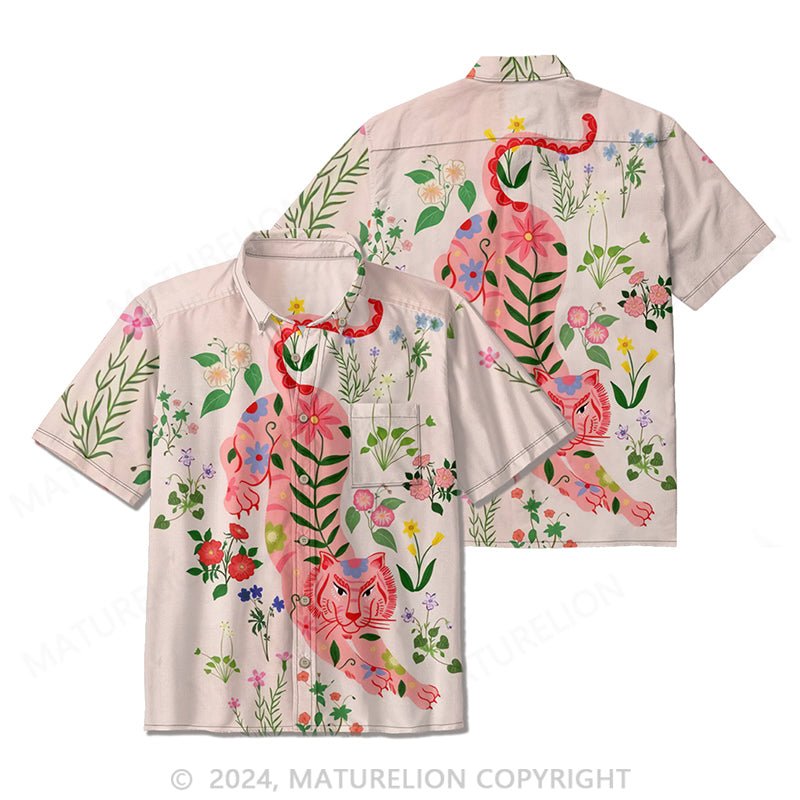 Maturelion Men's Tiger Vacation Floral Art Print Shirt